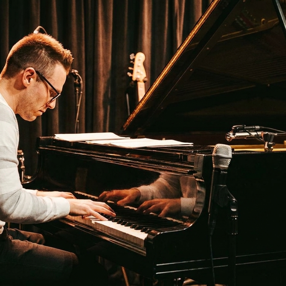 Musician in glasses plays a grand piano on a warmly lit stage, with a microphone, sheet music, and guitar visible.