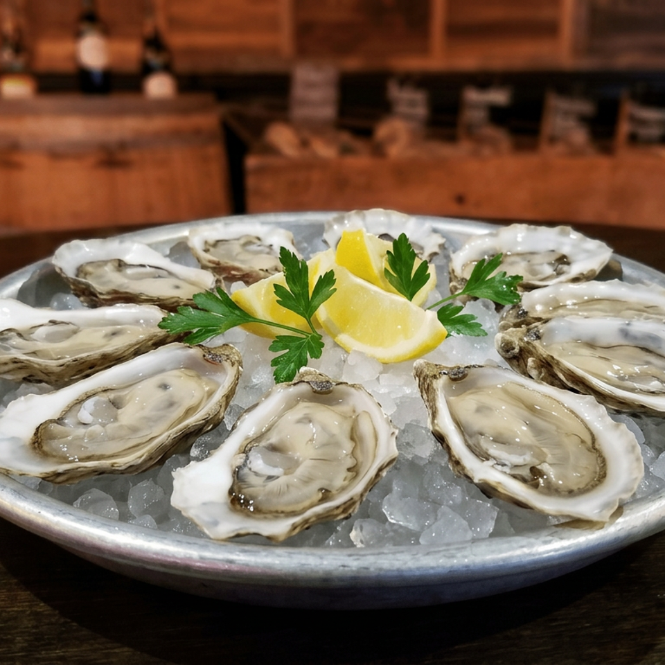 Six oysters served on crushed ice with lemon wedges and parsley on a metal platter at a warmly lit restaurant table.