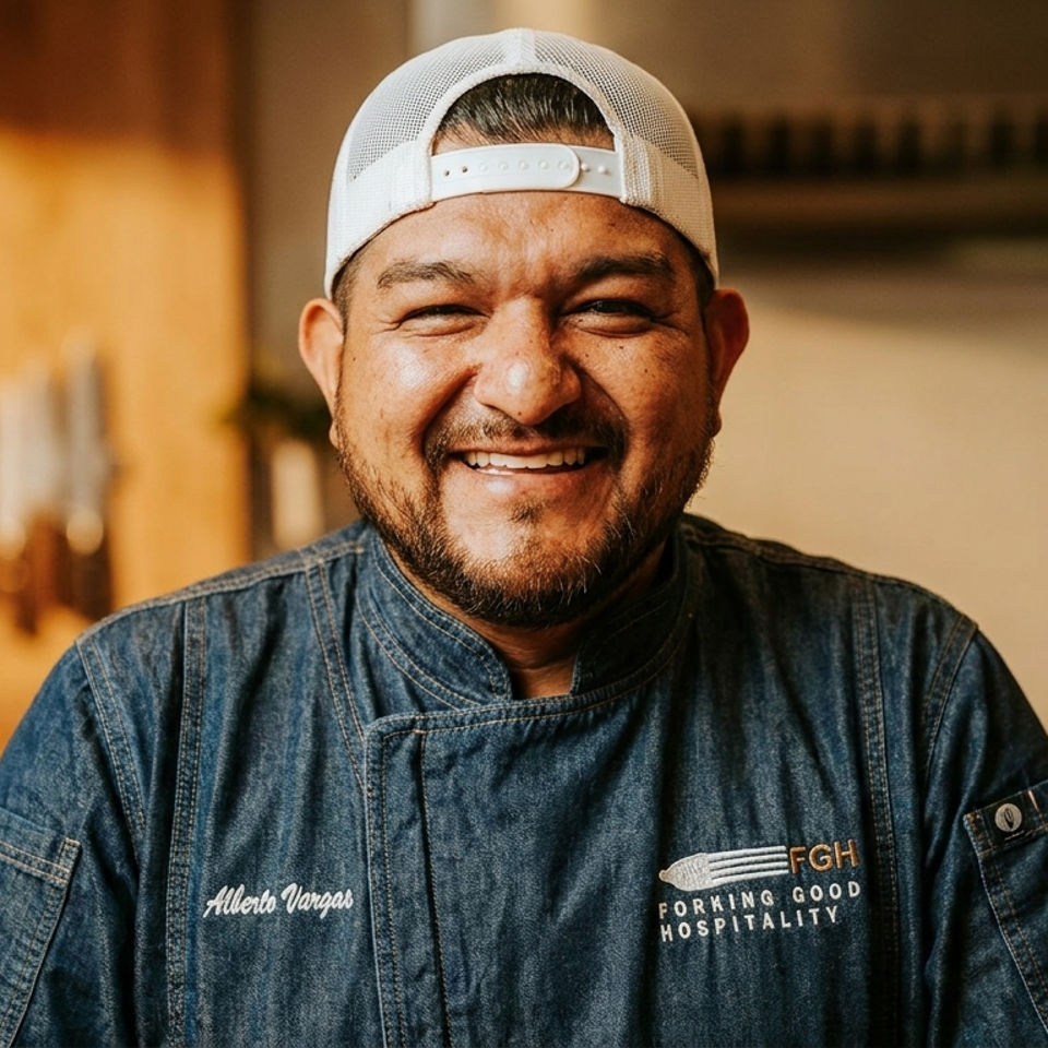 Smiling chef Alberto Vargas wearing a denim apron and backward white cap in a warmly lit professional kitchen.