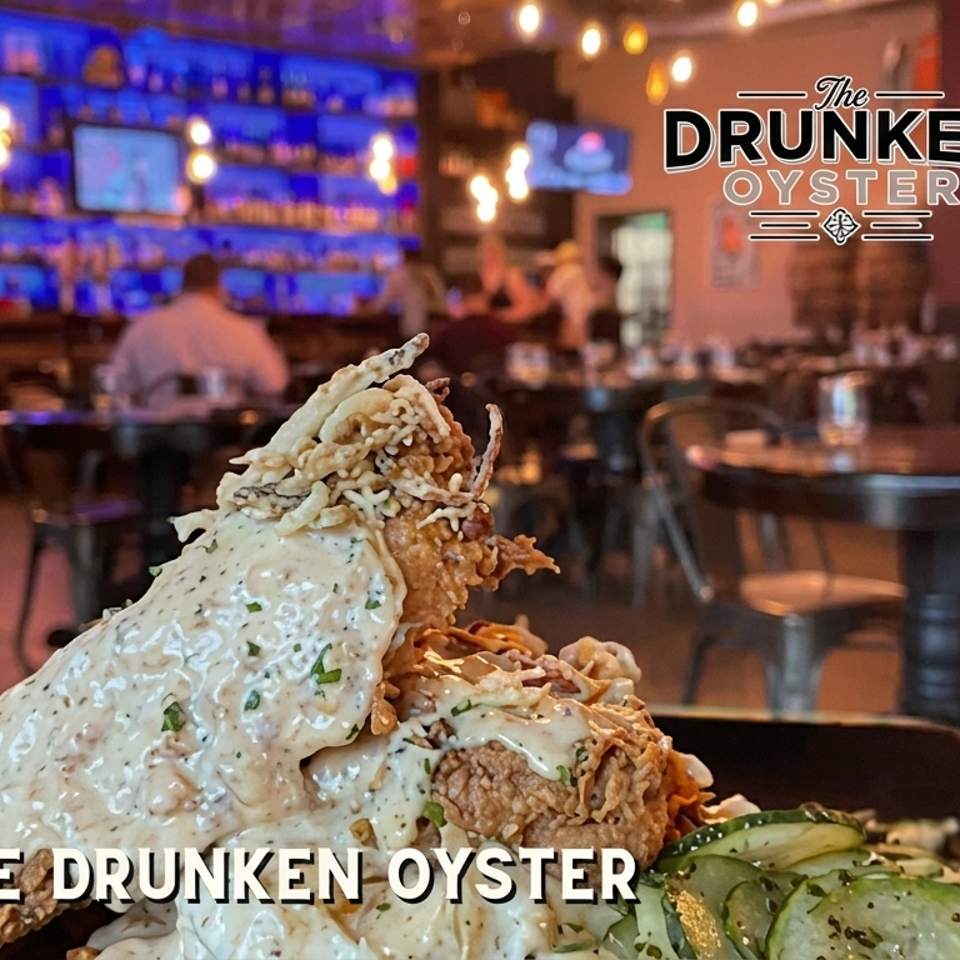 Crispy fried seafood topped with creamy herb sauce and pickled vegetables in The Drunken Oyster’s warmly lit dining room.