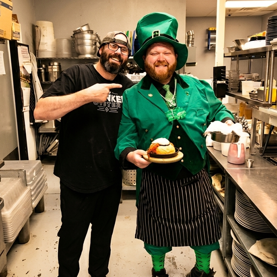 Two smiling restaurant workers pose in a commercial kitchen, one wearing a green leprechaun costume and holding a plated dish.