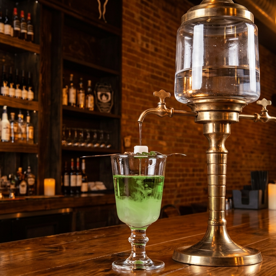 Green cocktail beneath a vintage brass beverage dispenser on a polished wooden bar in a warmly lit brick-walled restaurant.