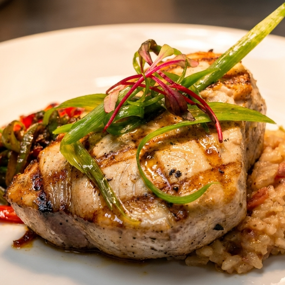 Grilled fish fillet with creamy risotto, roasted peppers, asparagus, and colorful microgreens on a white plate.
