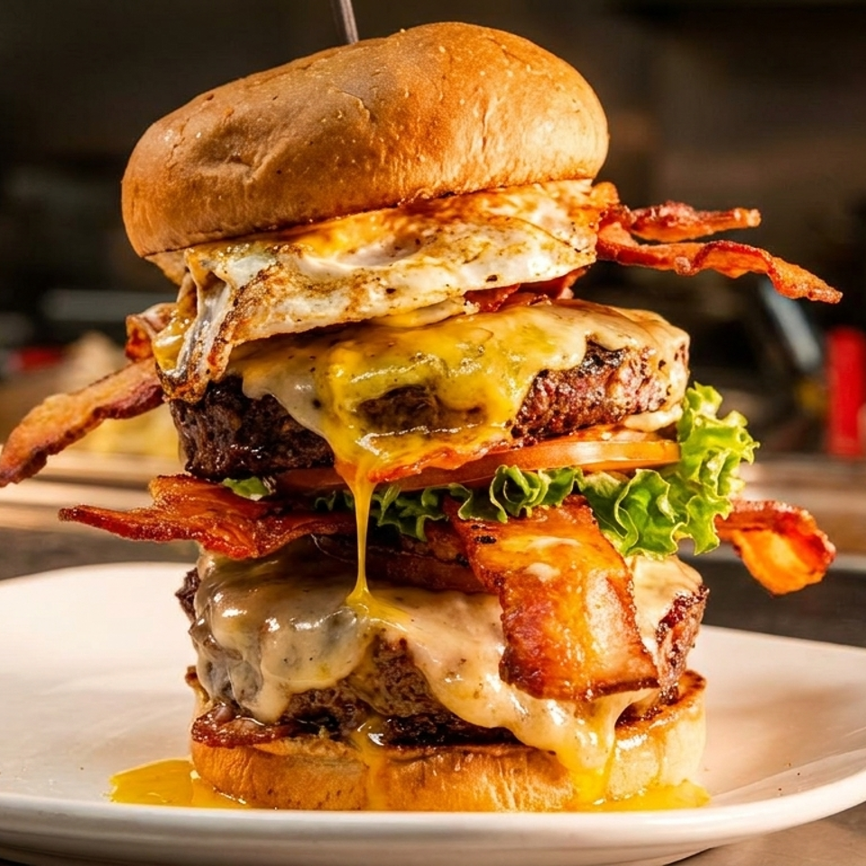 Towering double cheeseburger stacked with fried eggs, bacon, lettuce, and melted cheese on a white plate.