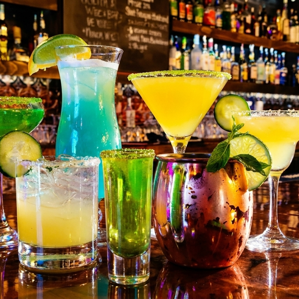 Colorful lime-garnished cocktails arranged on a polished bar counter in a warmly lit restaurant bar.