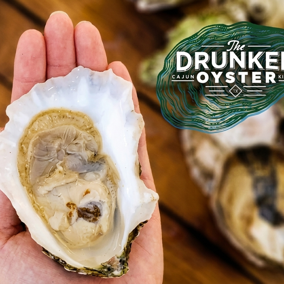 Hand holding a freshly shucked oyster, with additional oysters and The Drunken Cajun Oyster Kitchen logo in the background.