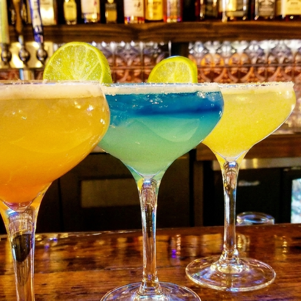 Three colorful margaritas garnished with lime wedges sit on a polished wooden bar beneath liquor bottles.