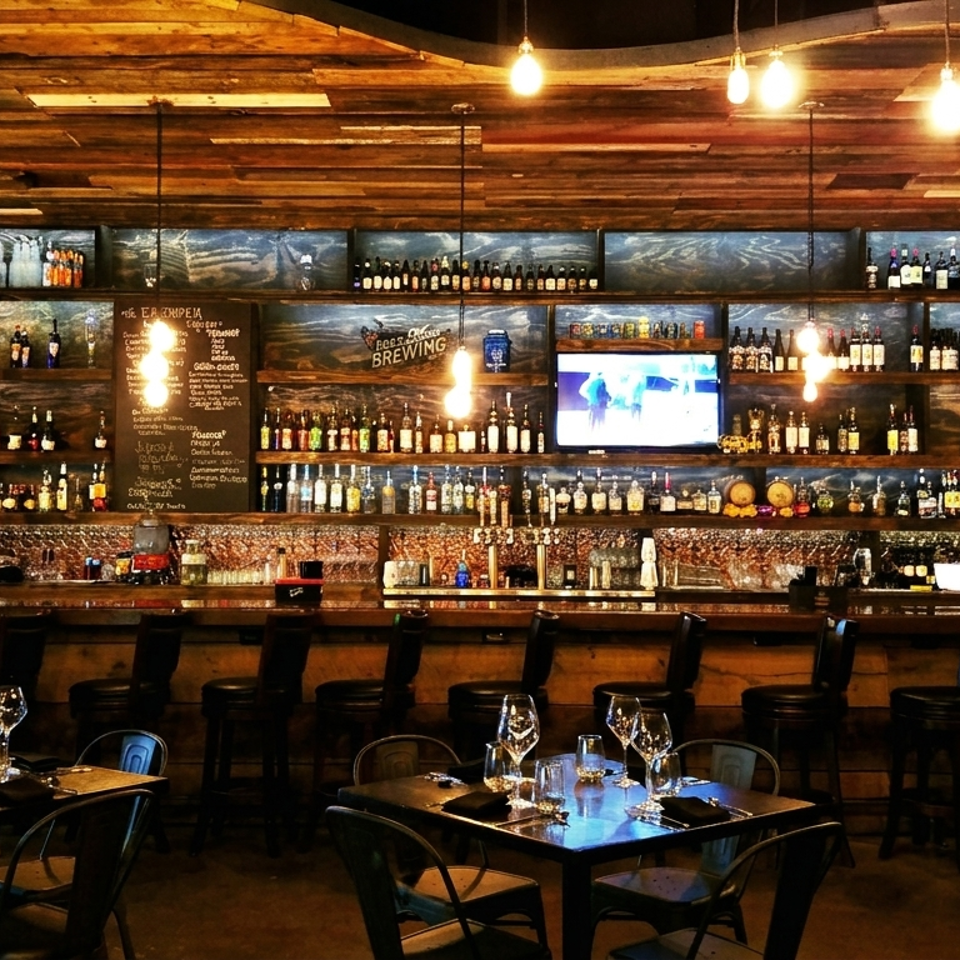 Warmly lit restaurant bar with wood-paneled ceiling, extensive liquor shelves, bar seating, and neatly set dining tables.