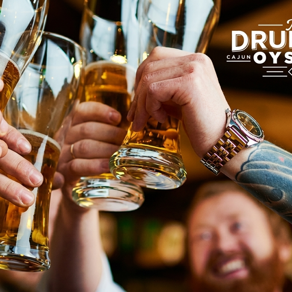 Friends raise glasses of beer in a cheerful toast at The Drunken Oyster Cajun Kitchen.