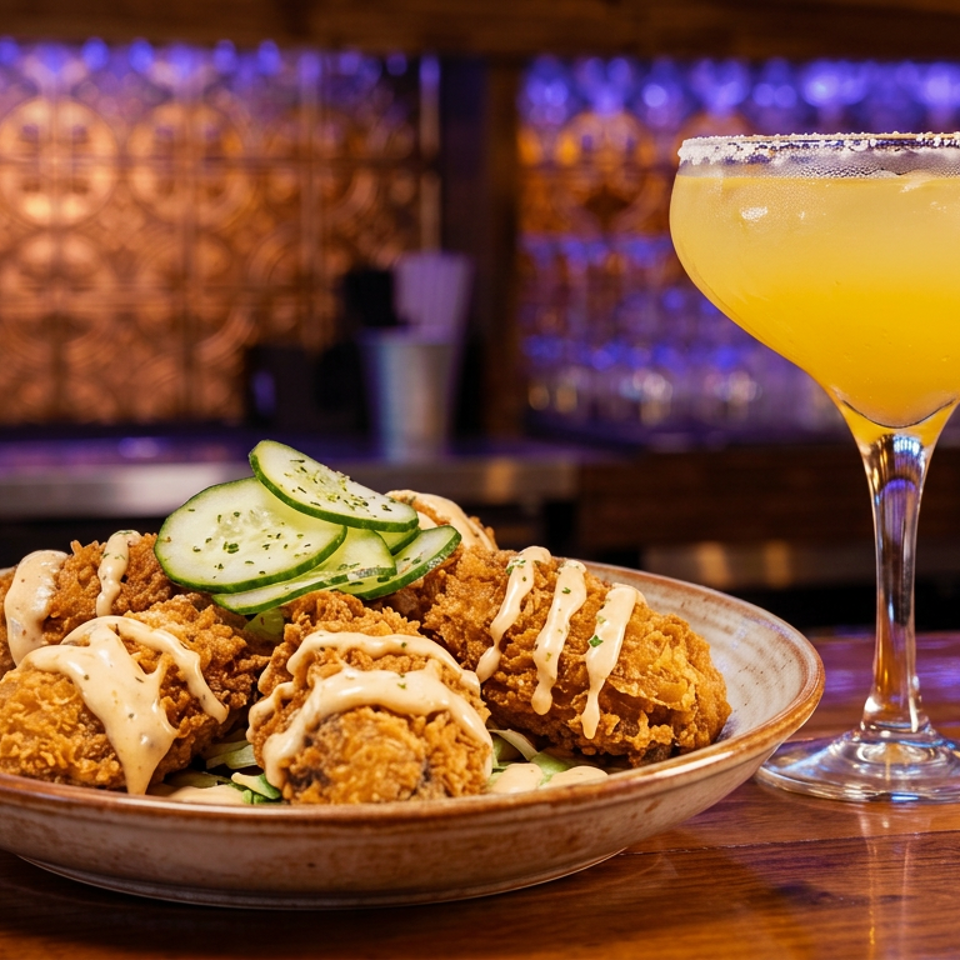 Crispy fried bites drizzled with creamy sauce and topped with cucumber slices beside a salted margarita in a dimly lit bar.